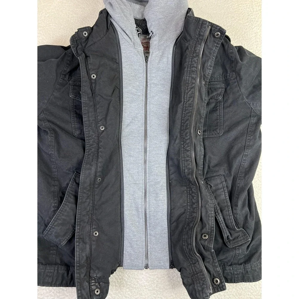 Levis Jacket Mens Large Black Canvas Military Hooded Sherpa Lined Full Zip